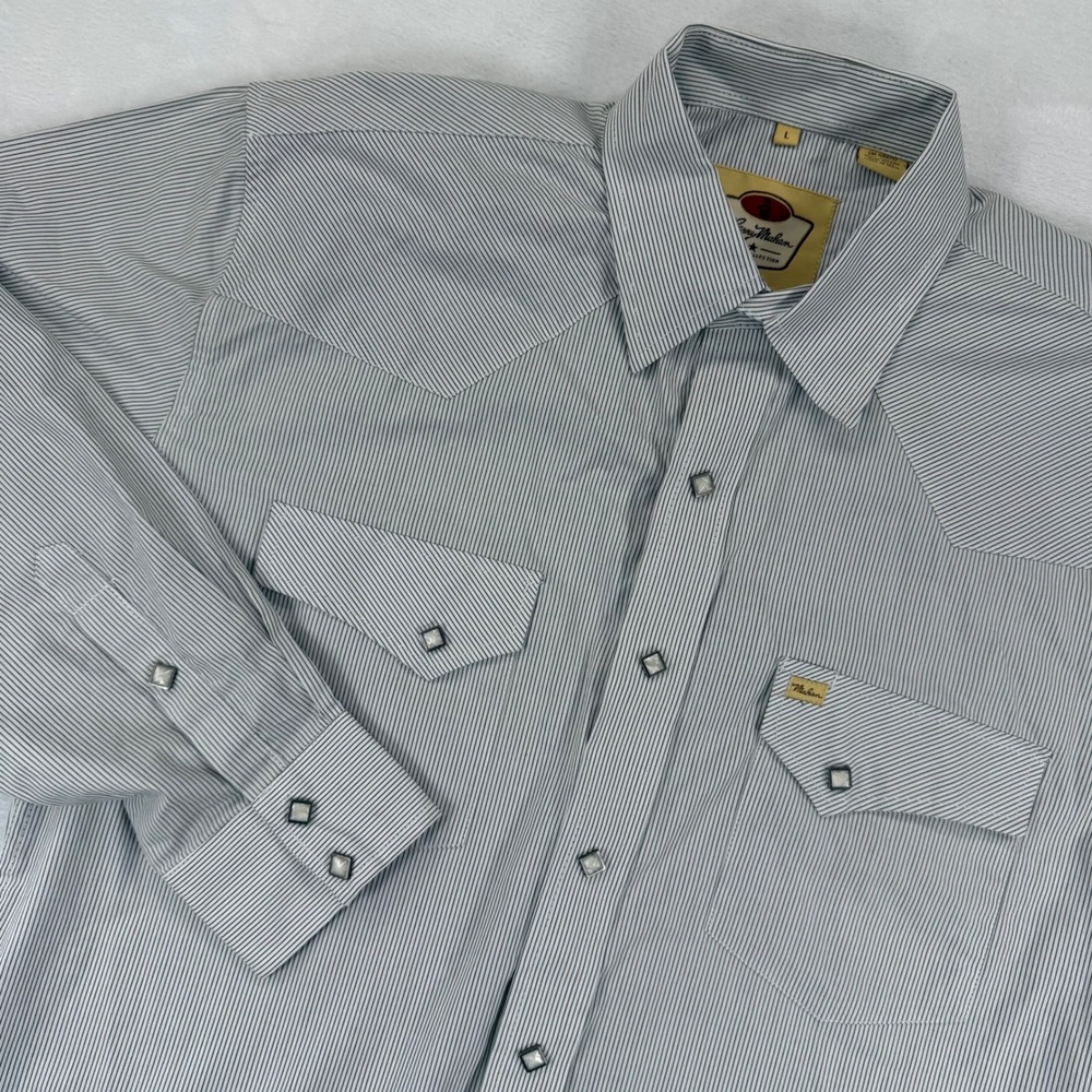 Larry Mahan Cowboy Collection Mens Large Pinstripe Western Pearl Snap‎ Shirt L